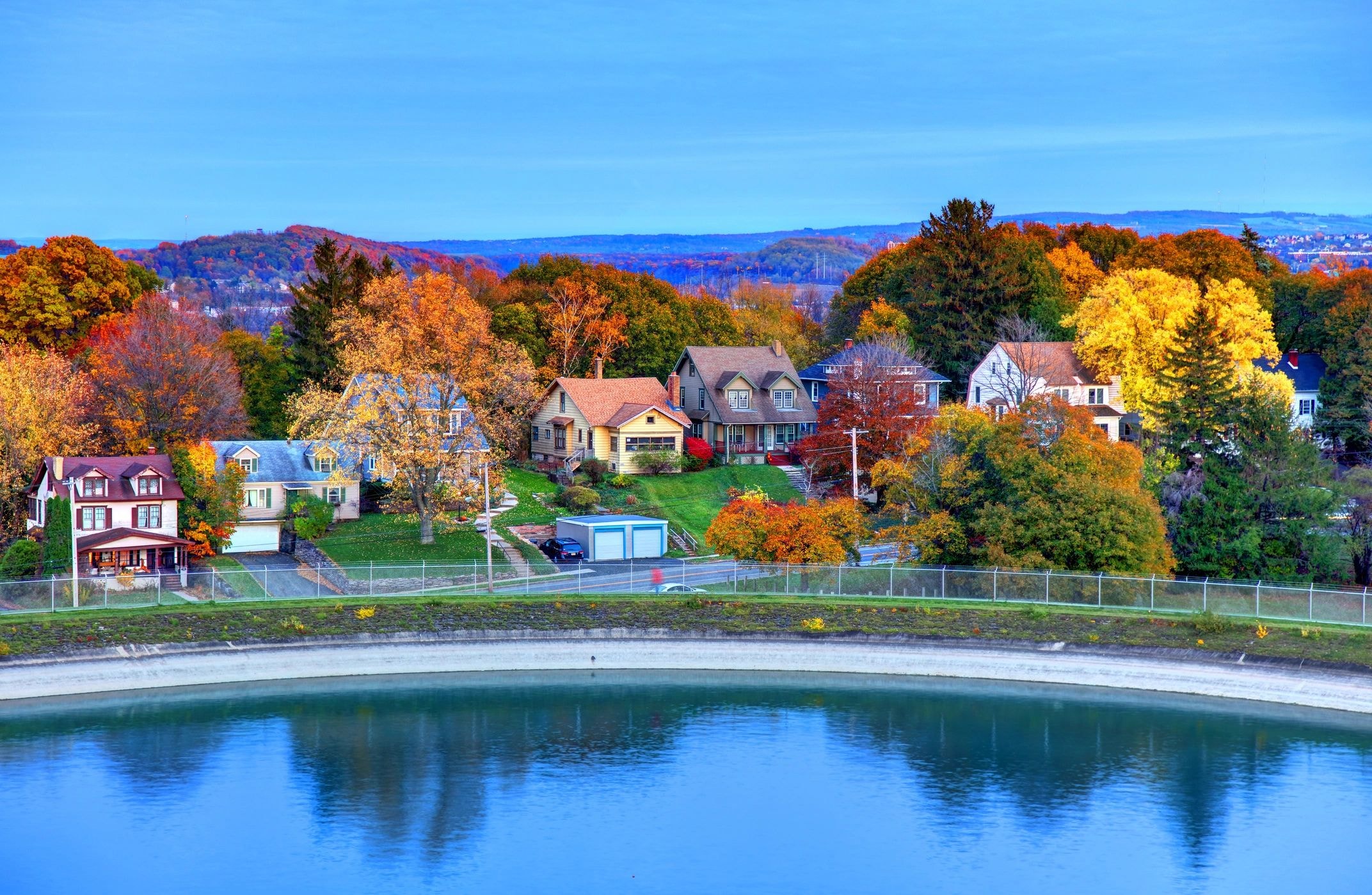Autumn riverside neighborhood homes