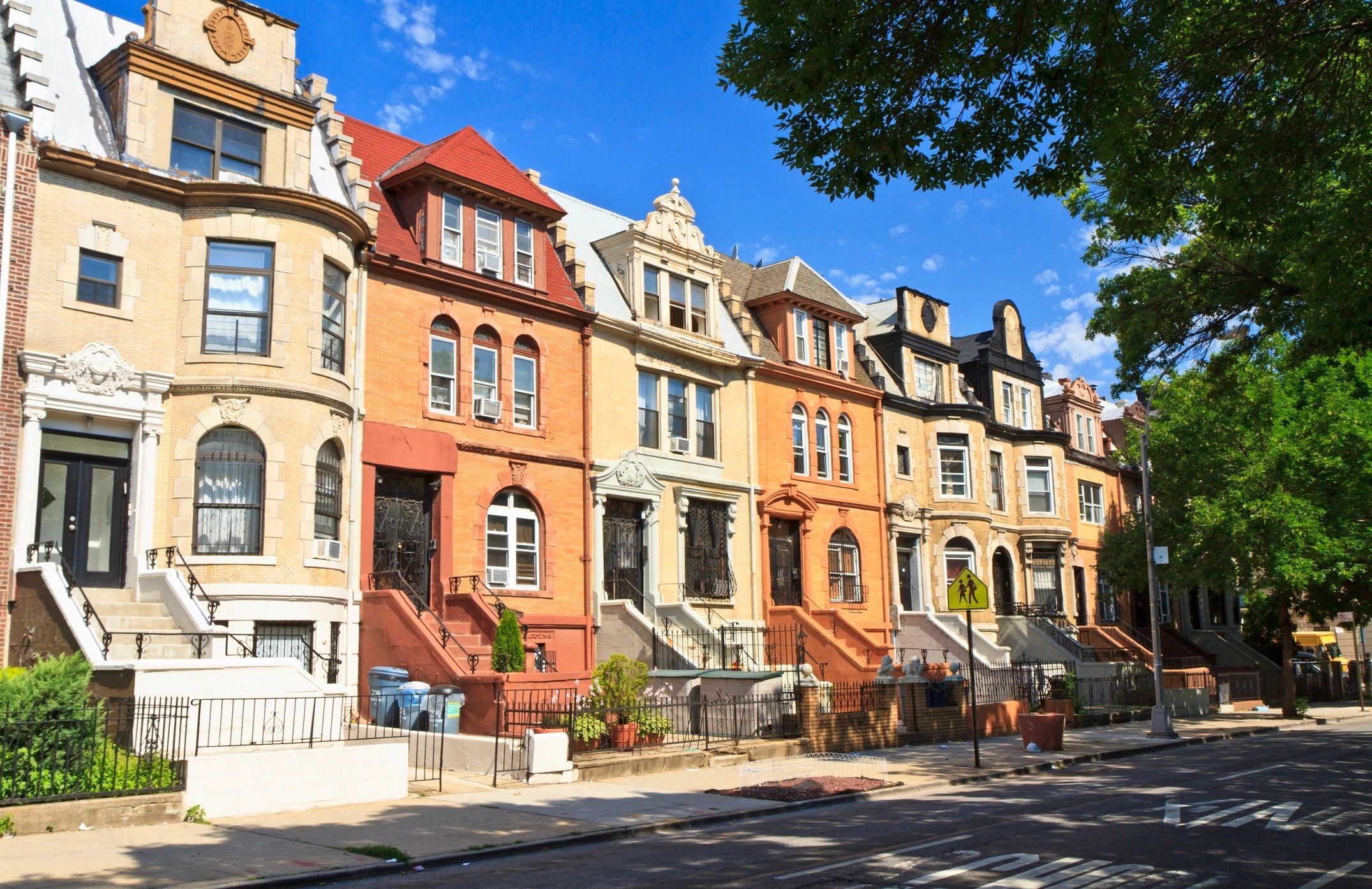 Colorful historic brownstone street